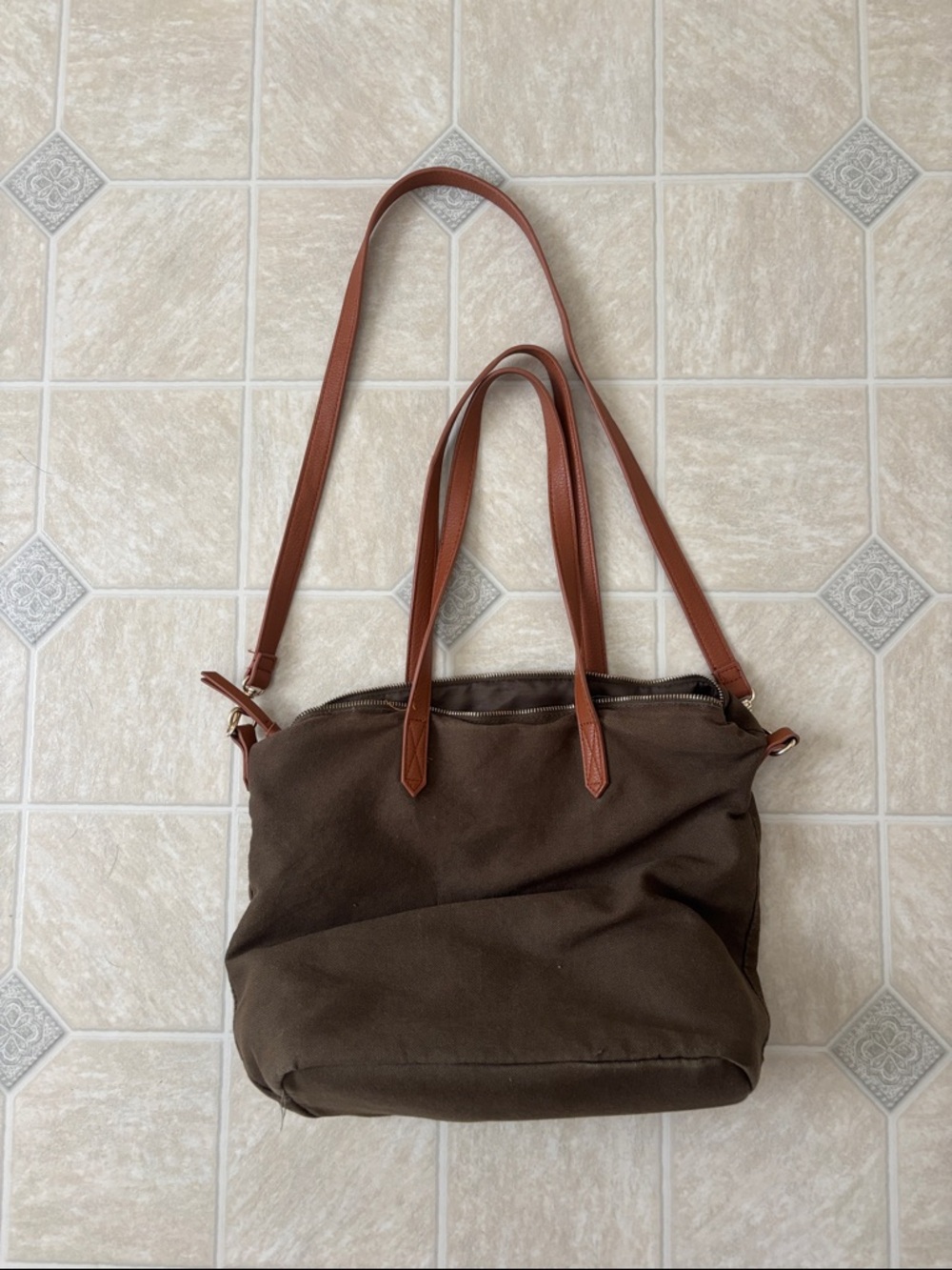 Classic Brown Canvas Tote with Leather Straps